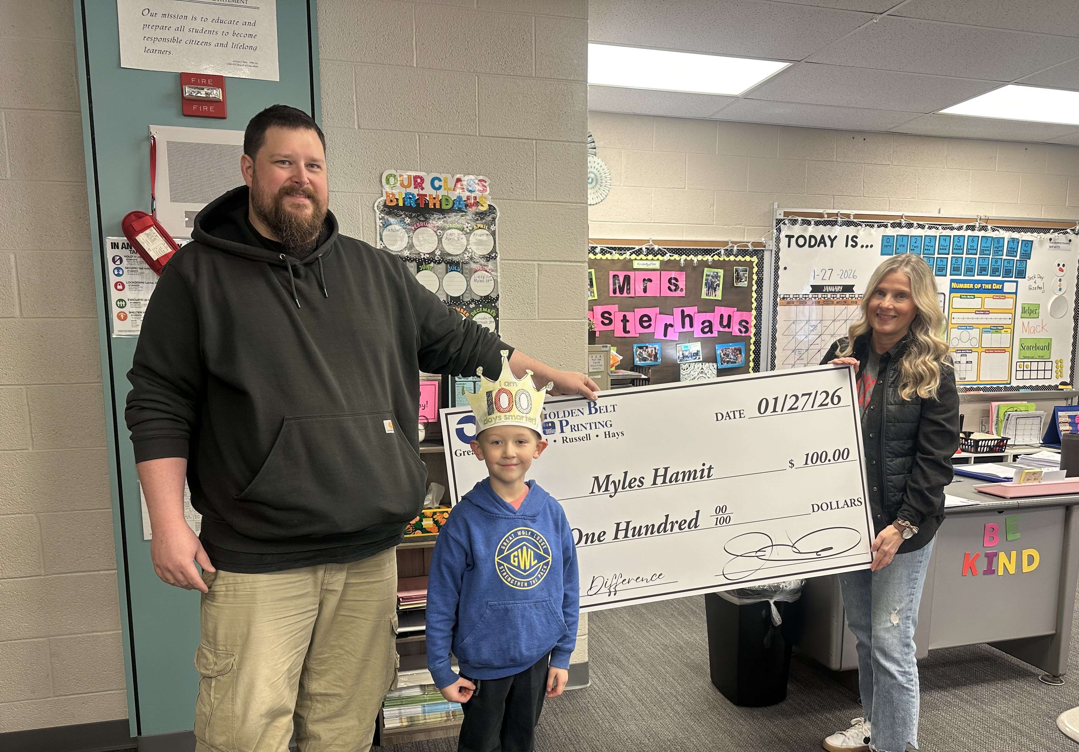 Myles Hamit, a kindergartener at Jefferson Elementary, received a giant $100 check from OPI and Golden Belt Printing as the latest weekly winner in Eagle Media's Make a Difference Contest.