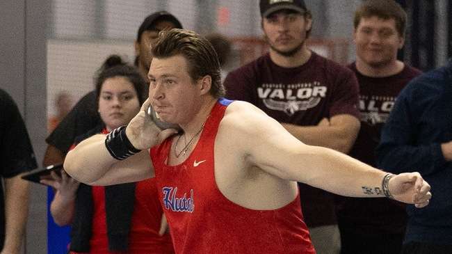 Jousha Sweetnam won the Wichita State Coach Wilson Invitational shot put on Friday in Wichita with a Blue Dragon school-record distance of 55 feet, 6 1/2 inches. (Sydney Holzrichter/Blue Dragon Sports Information)