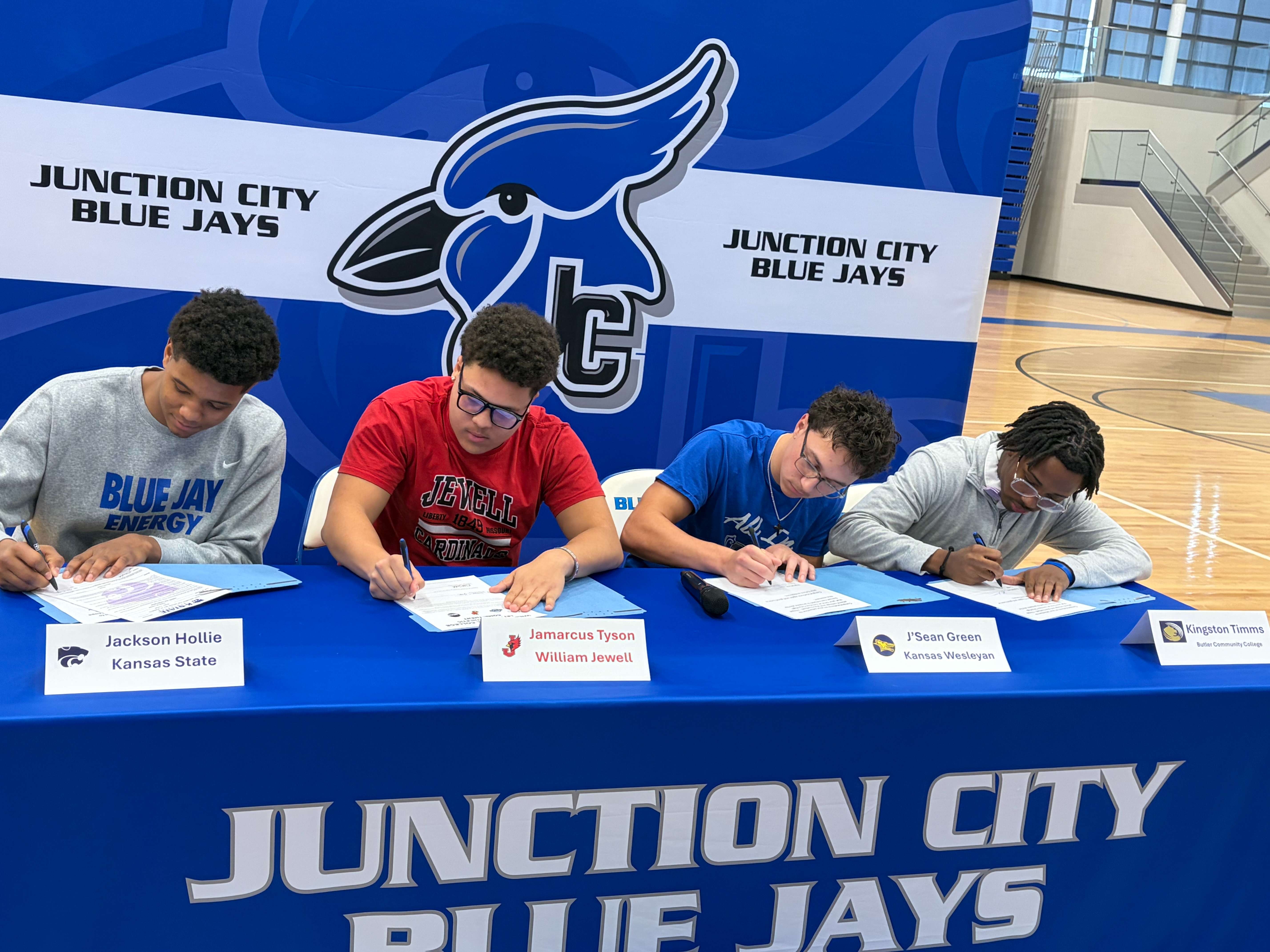 Four Blue Jay Players sign Letters of Intent - Pictured left to right - Jackson Hollie, Jamarcus Tyson, J'Sean Green, and Kingston Timms.