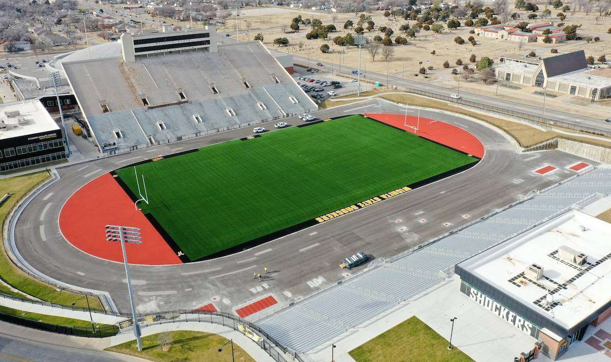 Major renovations began in 2022 to turn Cessna Stadium into a state-of-the-art home for Shockers track and field and KSHSAA State Track and Field Championships. Work continues at what is now called University Stadium and will be phased to avoid interrupting the state high school meet. (Courtesy Wichita State University Strategic Communications)