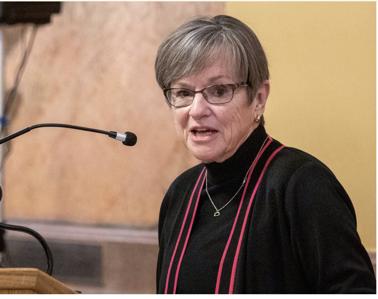 Gov. Laura Kelly, a Democrat, signed a bipartisan bill approved overwhelmingly by the House and Senate that alters state law on criminal offenses of purchasing sexual relations, use of laser pointers and theft of a vehicle or gift card. In this Jan. 14, 2026, image, Kelly speaks during a rally in the Kansas Capitol. (Photo by Sherman Smith/Kansas Reflector)