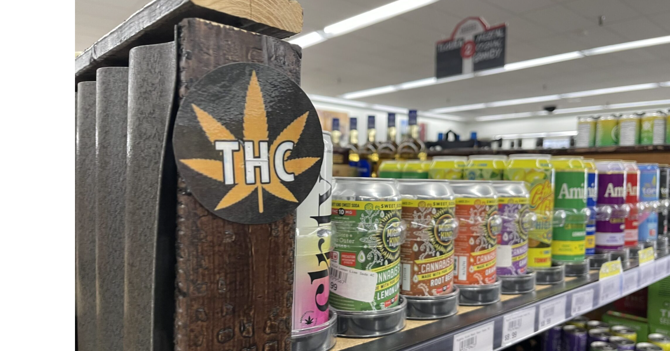  Hemp-derived THC beverages like these seltzers at Randall’s Wine &amp; Spirits can be found at large liquor stores throughout Missouri (Rebecca Rivas/Missouri Independent).