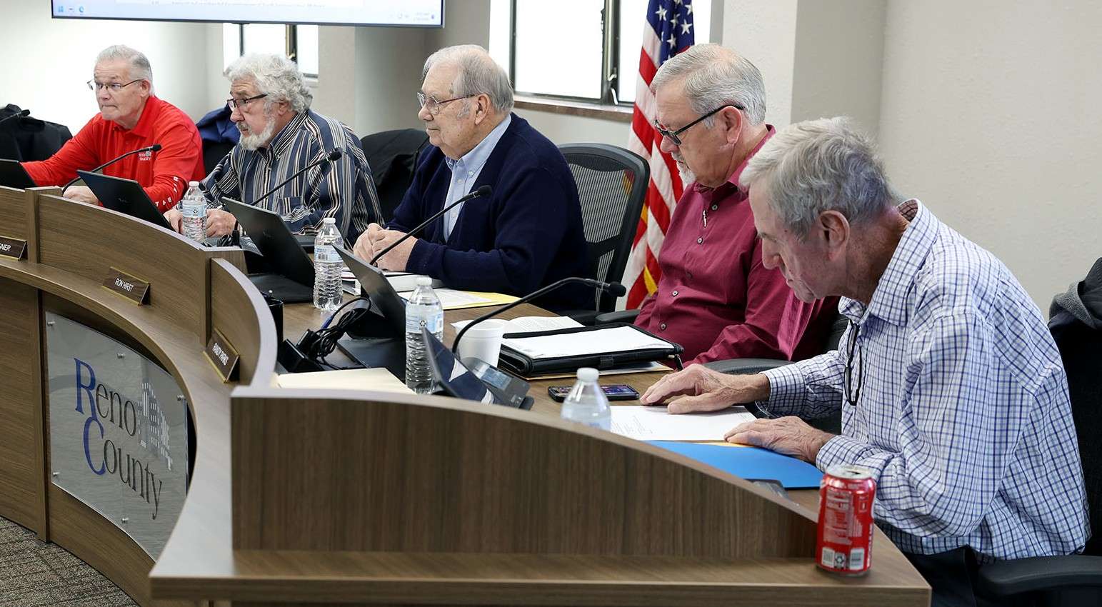 Reno County Commissioners (l-r) Richard Winger, Don Bogner, Chairman Ron Hirst, Randy Parks and Ron Vincent during a Board of County Commissioners meeting on Jan. 28, 2026 (Photo courtesy Reno County/Sandra Milburn)