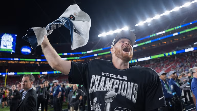 Seattle Seahawks quarterback Sam Darnold celebrates after a win over the New England Patriots in the NFL Super Bowl 60 football game, Sunday, Feb. 8, 2026, in Santa Clara, Calif. (AP Photo/Matt Slocum)