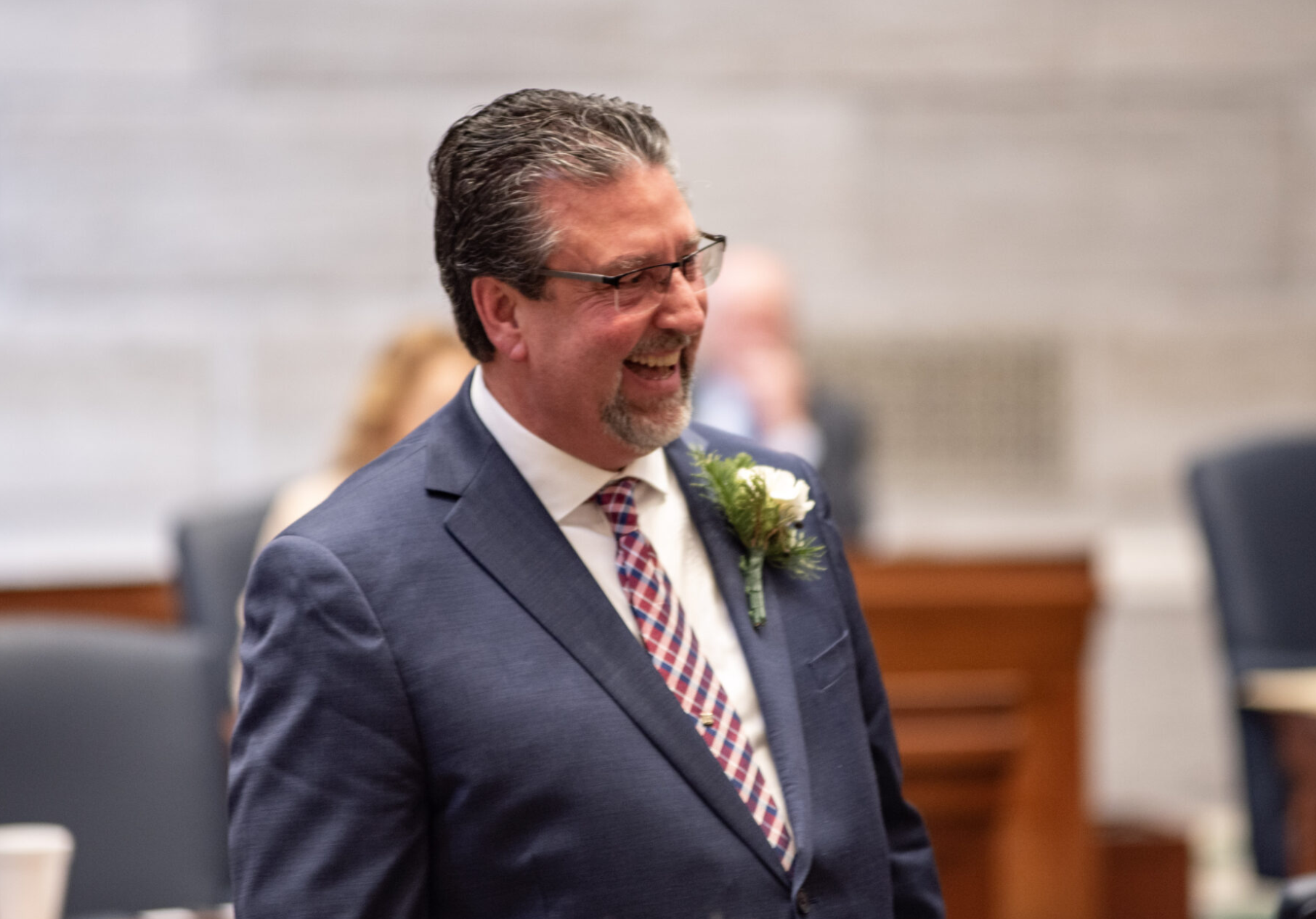 State Sen. Joe Nicola laughs during his introduction to the Missouri Senate on the first day of the 2025 legislative session (Annelise Hanshaw/Missouri Independent).