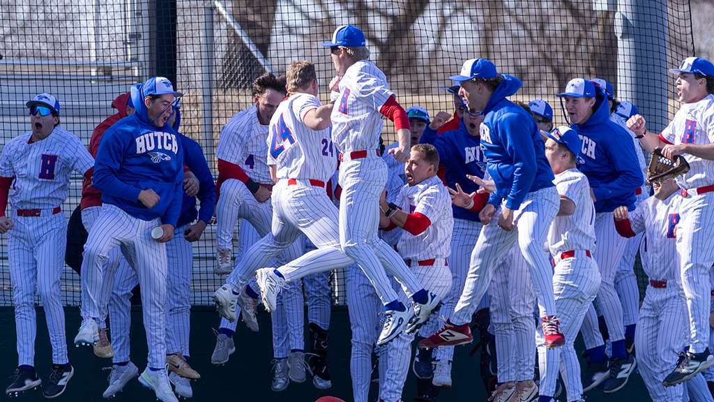 Jordan Kuhnau celebrates after hitting a home run during the season-opening series against Des Moines Area Community College Saturday, Feb. 7, 2026 at Hobart-Detter Field. (Sydney Holtzrichter/Blue Dragon Sports Information)