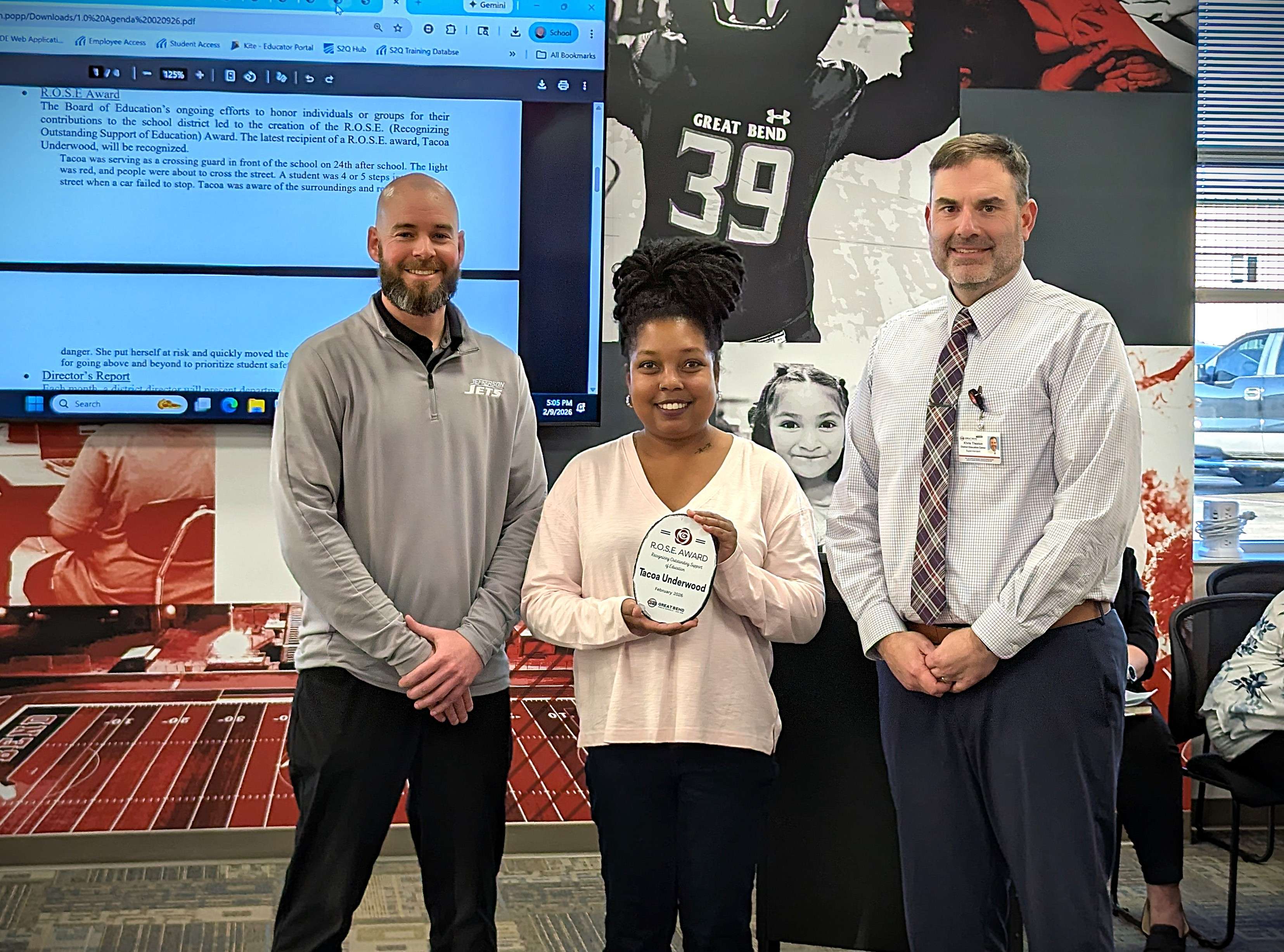 Adam Niedens, Jefferson Principal; Tacoa Underwood, Teacher Assistant &amp; Crossing Guard; Khris Thexton, USD 428 Superintendent.&nbsp;