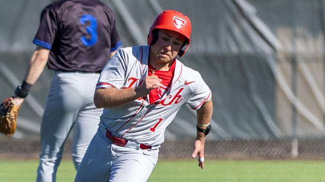 Diesel Purnell has an eighth-inning go-ahead single against Grayson College in a 6-5 extra-inning victory on Tuesday at the UCO Spring Showcase in Edmond, OK. (Sydney Holzrichter/Blue Dragon Sports Information)
