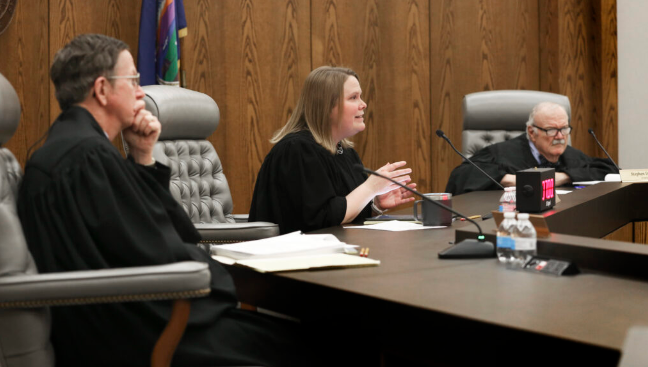  From left, Kansas Court of Appeals Judges Thomas Malone, Sarah Warner and Stephen Hill hear arguments on Feb. 10, 2026, about reversing an injunction against CoreCivic (Thad Allton for Kansas Reflector)
