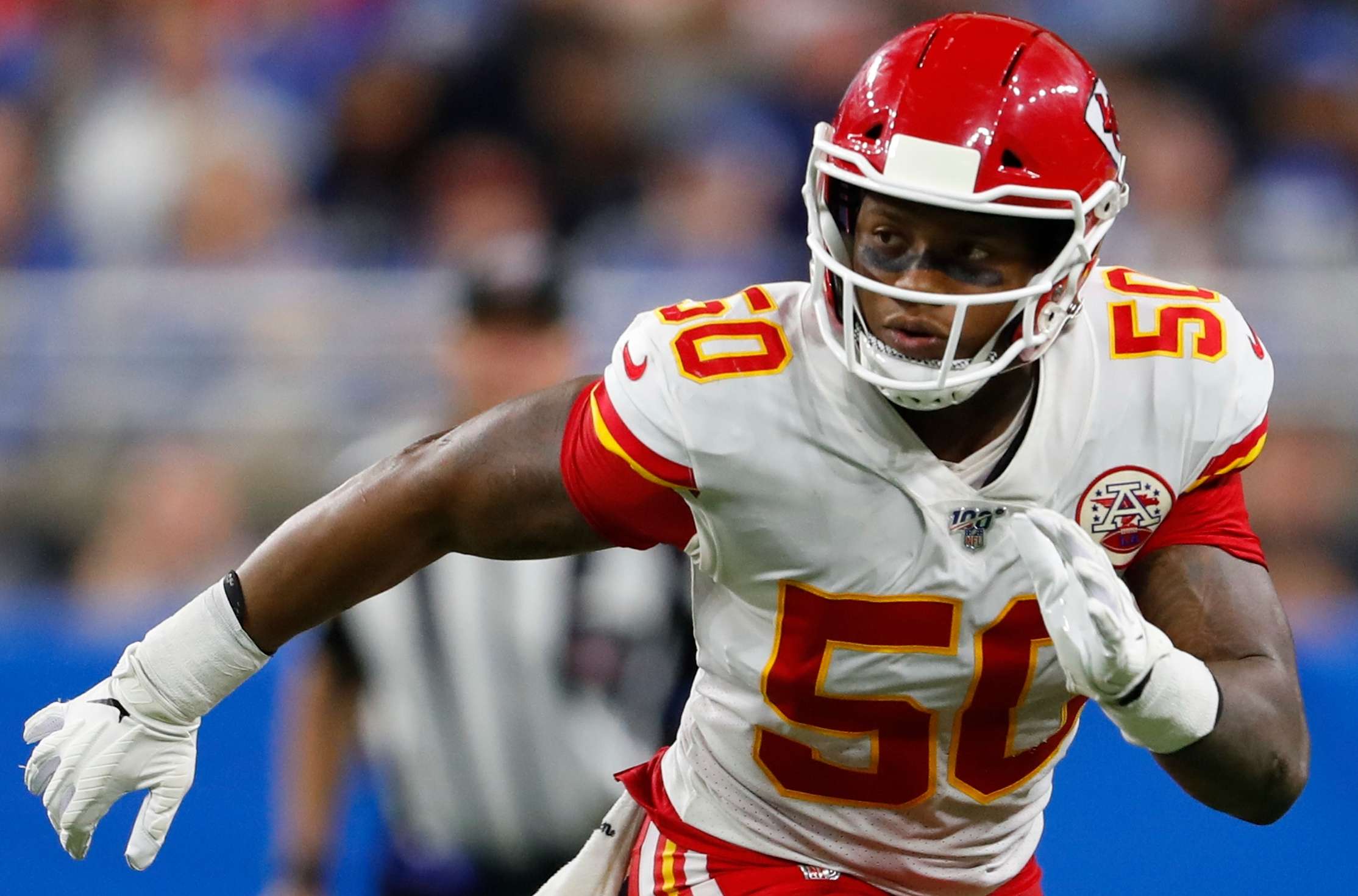 FILE - Former Kansas City Chiefs inside linebacker Darron Lee (50) plays against the Detroit Lions during an NFL football game in Detroit, Sept. 29, 2019. (AP Photo/Paul Sancya, File)