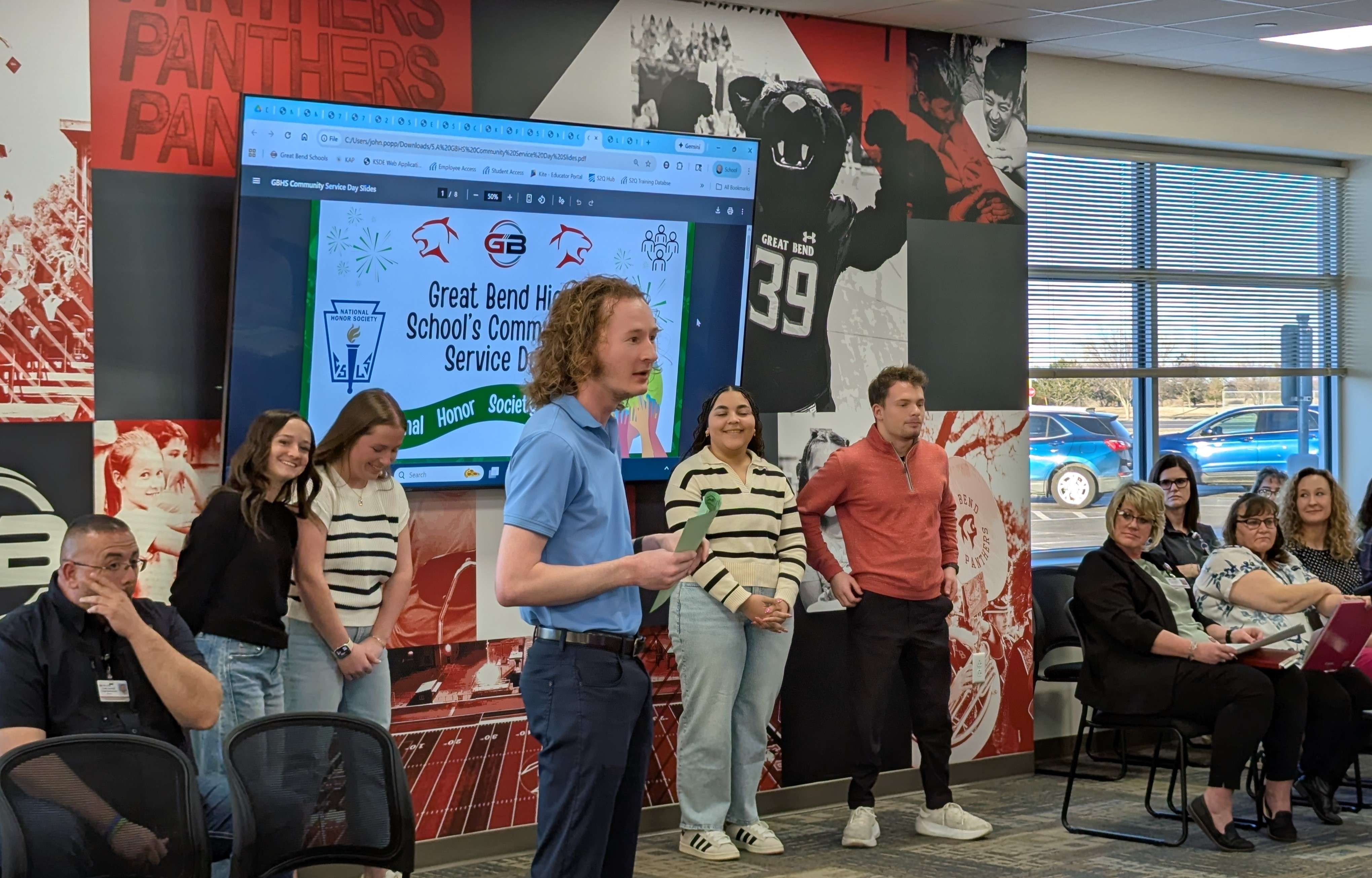 Luke Maneth, NHS Sponsor at Great Bend High School, was joined by NHS officers Reese Bullard, MacKenzie Lindberg, Jeriah McFarland, and Nash Lindberg at the February 9th USD 428 Board of Education Meeting, seeking approval for the return of GBHS Community Service Day scheduled for April 22, 2026.