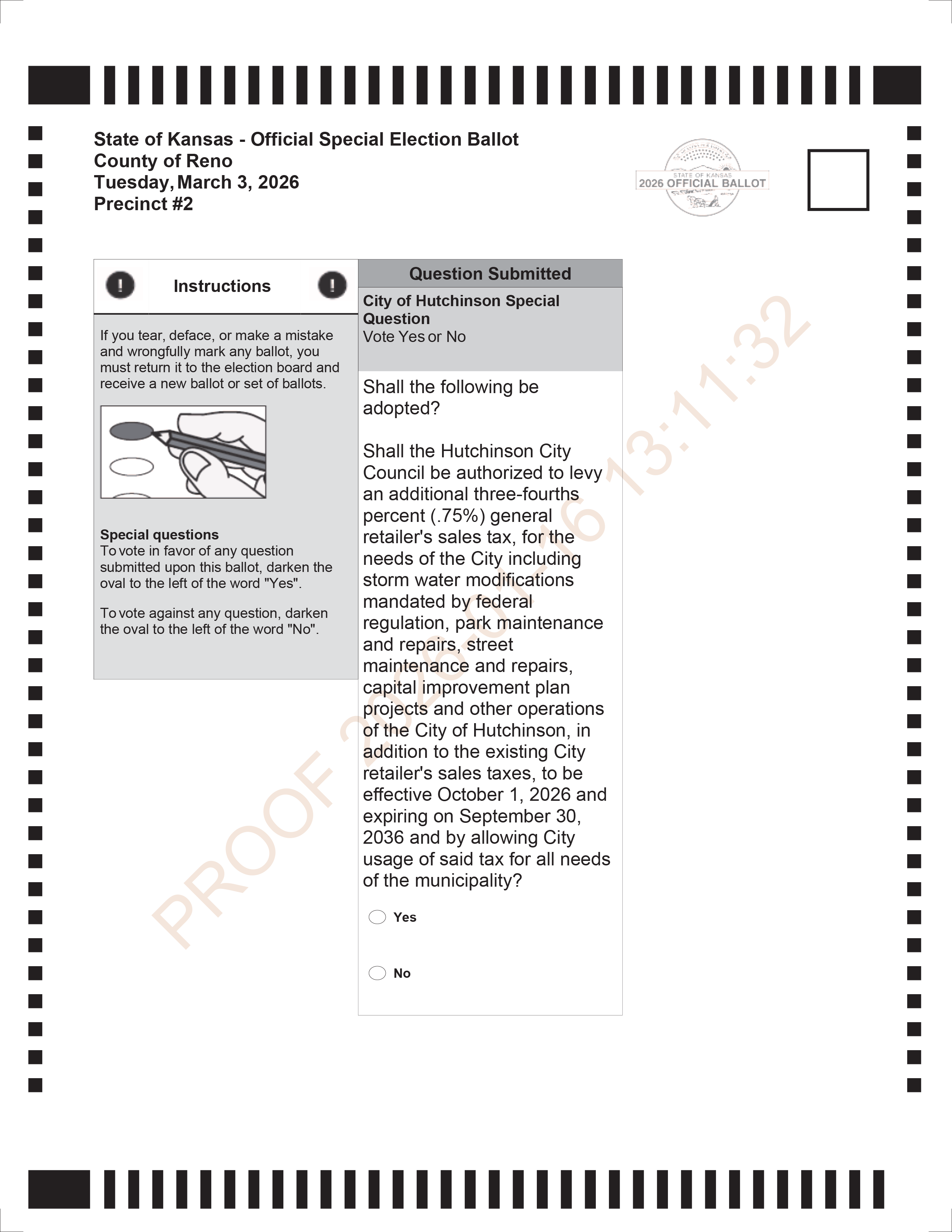 Sample special election ballot (Courtesy Reno County Election Office)