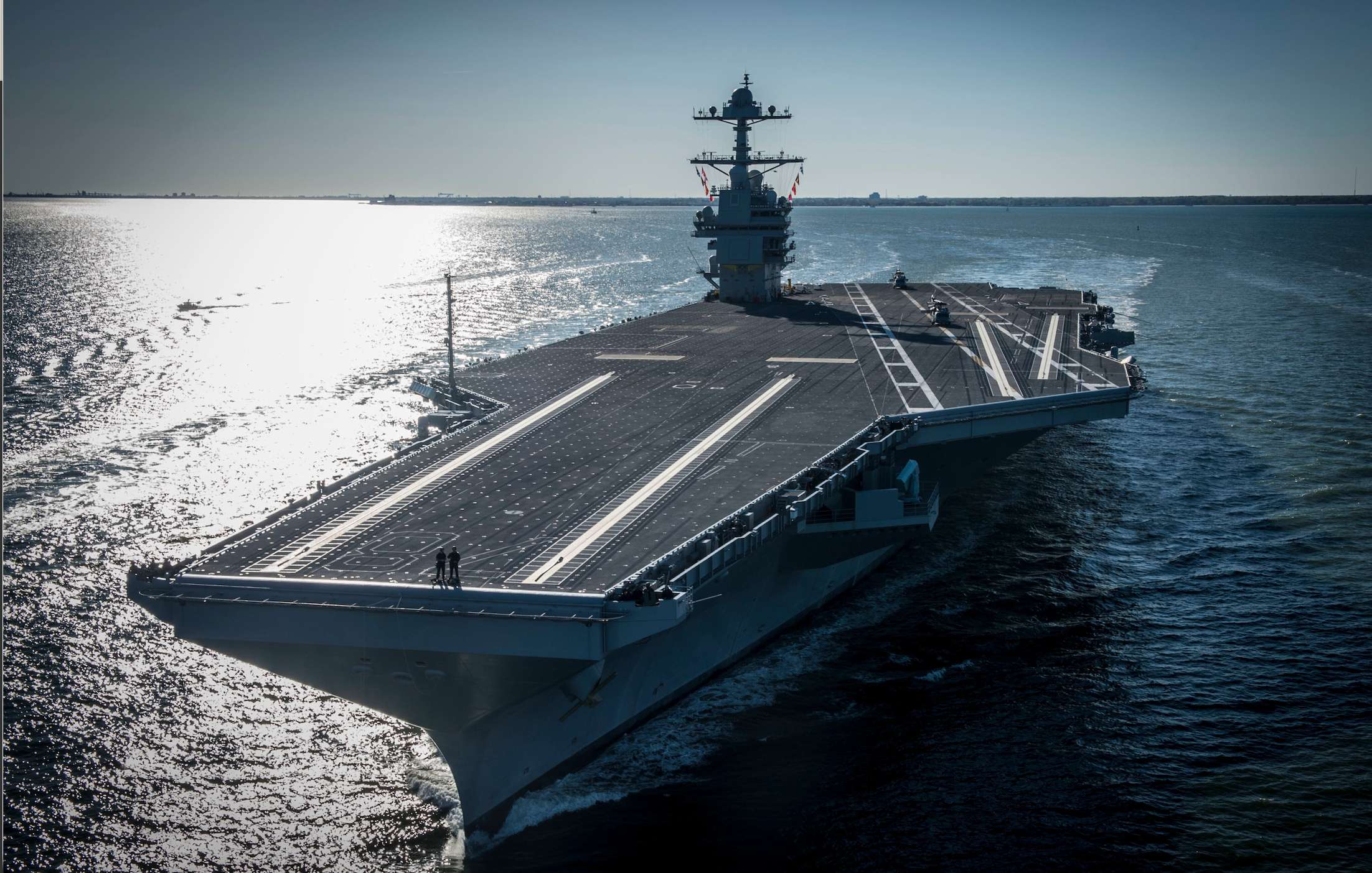 FILE - In this photo provided by the U.S. Navy, the USS Gerald R. Ford embarked on the first of its sea trials to test various state-of-the-art systems on its own power for the first time, April 8, 2017, from Newport News, Va. (Mass Communication Specialist 2nd Class Ridge Leoni/U.S. Navy via AP, File)