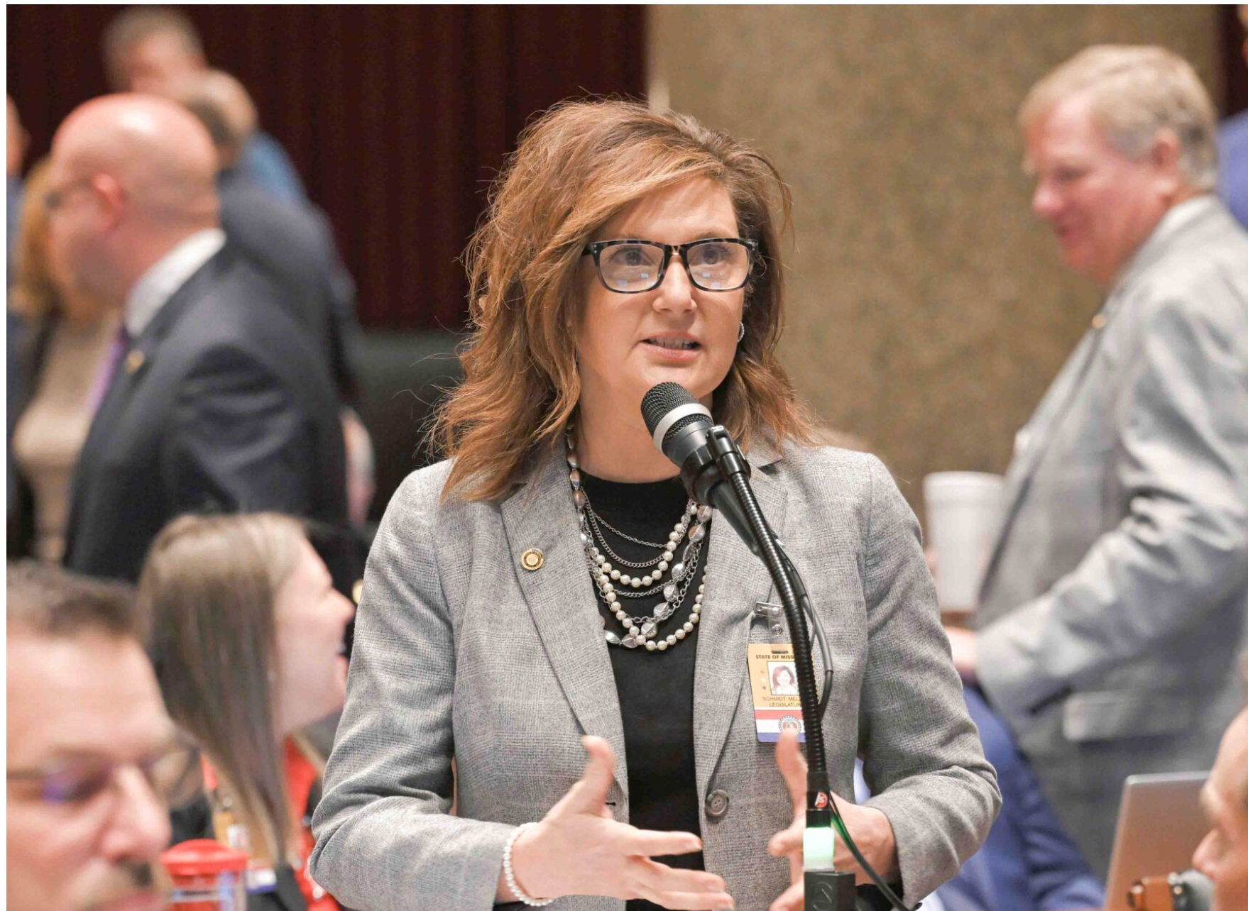  Republican state Rep. Melissa Schmidt of Eldridge, pictured speaking on the House floor in Feb. 17, 2025, is sponsoring a bill to make gender-affirming care restrictions for minors permanent. In a House debate on the legislation, Schmidt said she supports a "watchful waiting" approach to gender dysphoria, only advocating for counseling as treatment (Tim Bommel/Missouri House Communications).