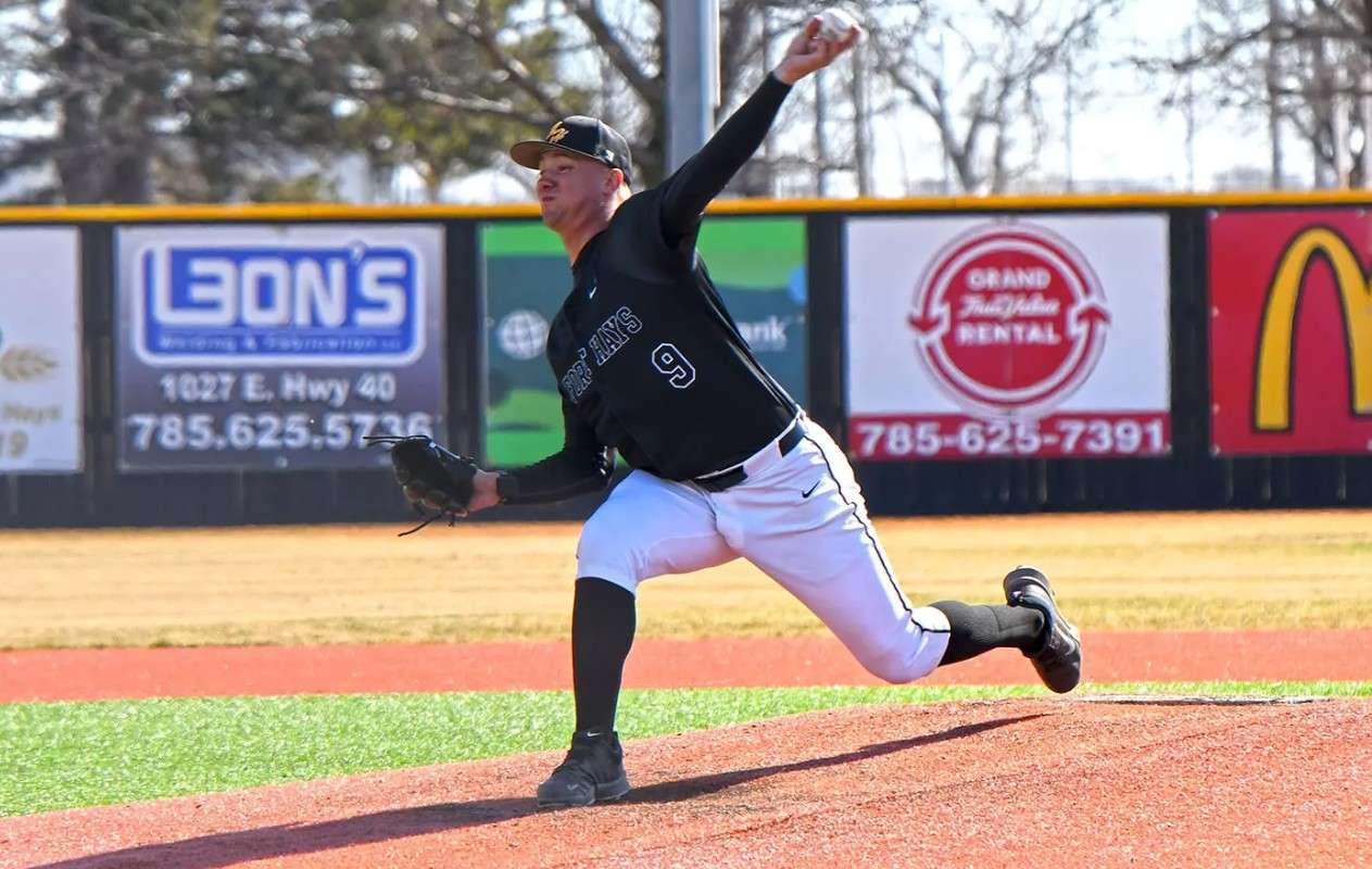 Fort Hays State senior pitcher Cody Bruss (4) makes a pitch against Colorado School of Mines on Sunday, February 15, 2026 in Hays, Kan. (FHSU Athletics photo)