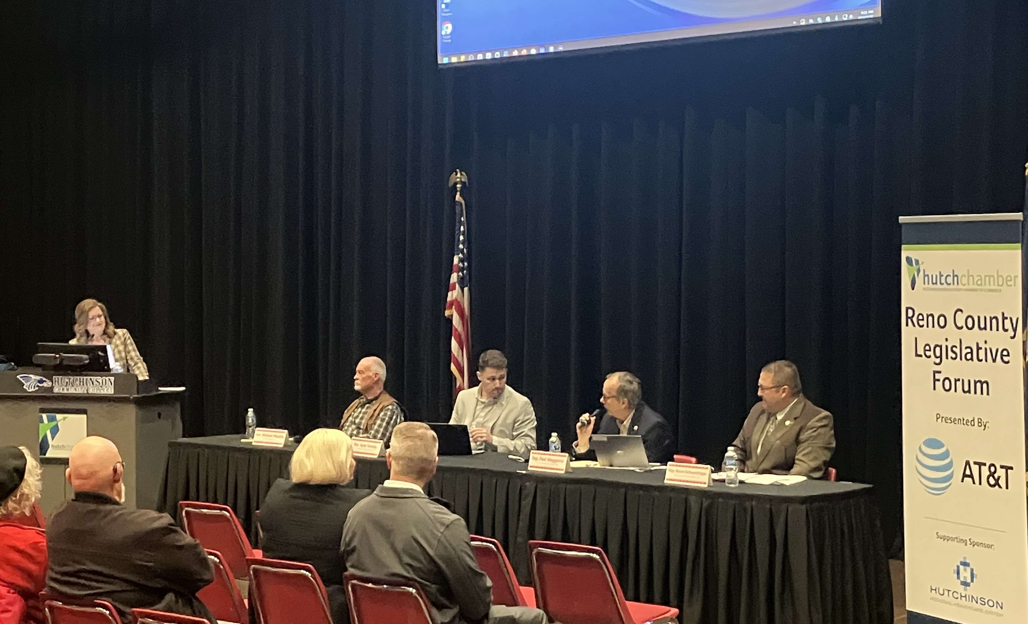 State Sen. Michael Murphy, State Reps. Kyler Sweely, Paul Waggoner and Kevin Schwertfeger discuss legislative issues at a forum at the Stringer Fine Arts Center on Feb. 14, 2026. (Hutch Post photo)