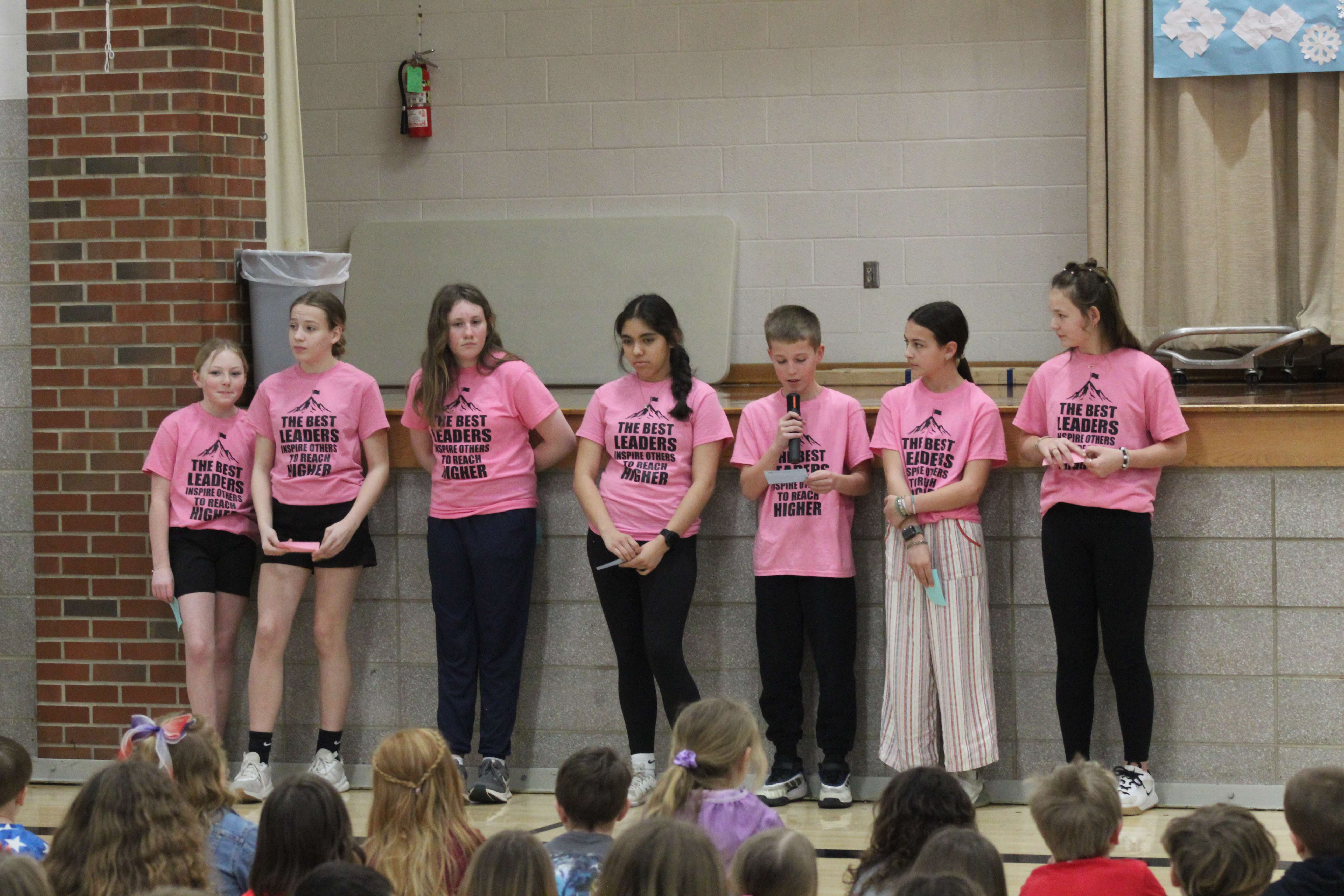 Washington Grade School ambassadors gave facts about President Washington and told jokes about the former president during a President's Day assembly.&nbsp;Photo by Cristina Janney/Hays Post