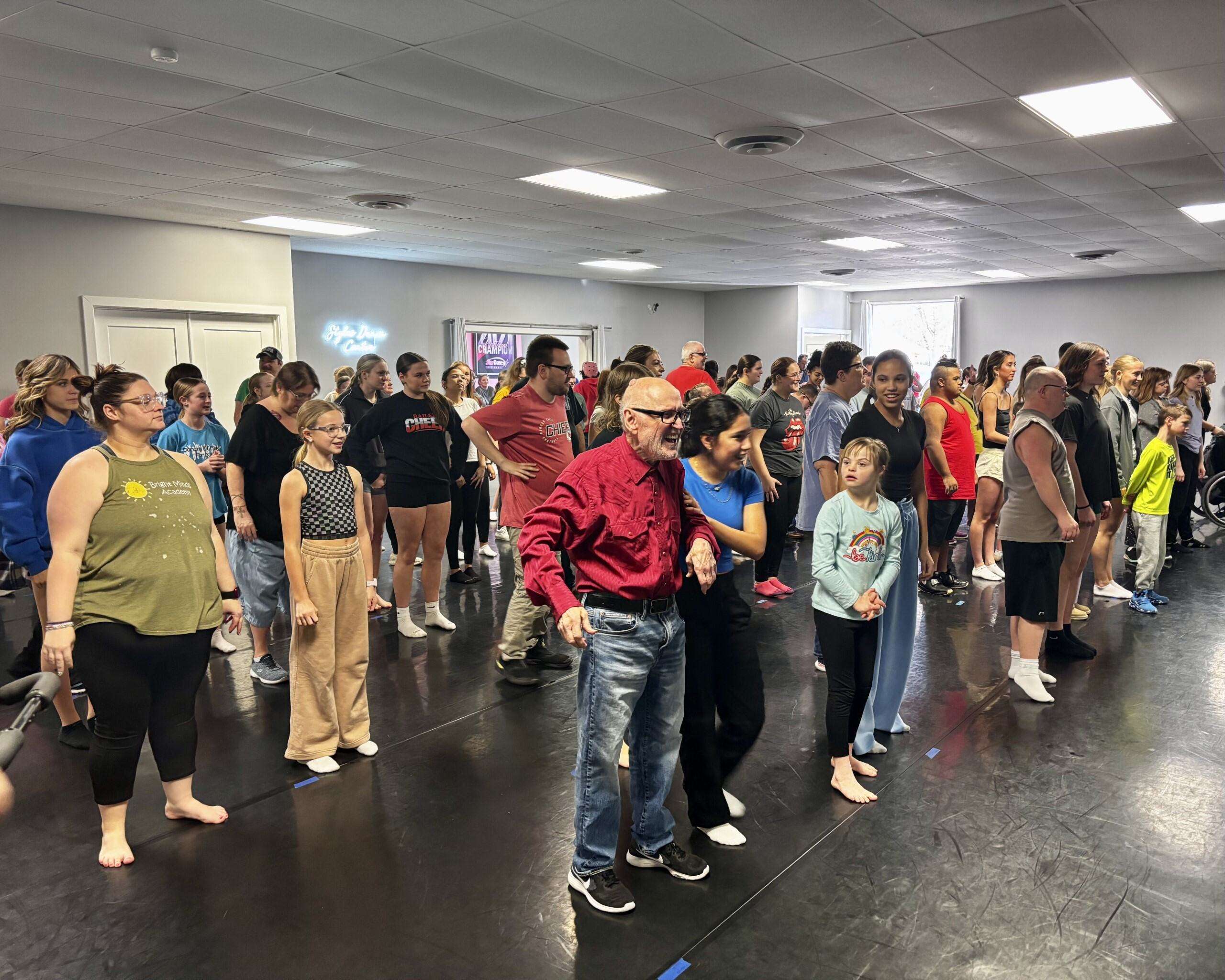 The large group rehearsing for the upcoming Dancing Together for Developmental Services of Northwest Kansas. Photo by Tony Guerrero/Hays Post