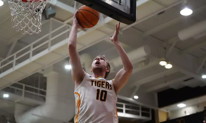 Fort Hays State forward Blake Danitscheck (4) goes in for a layup against Newman on Saturday, February 14, 2026 in Hays, Kan. (FHSU Athletics photo/Gillian Lynch)