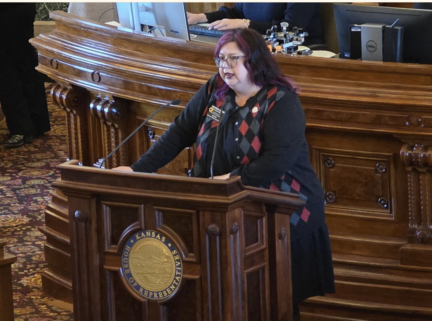  Rep. Heather Meyer debates the “bathroom bill” that passed the House Feb. 18, 2026. She says it paints a “bullseye” on trans people. (Photo by Morgan Chilson/Kansas Reflector)