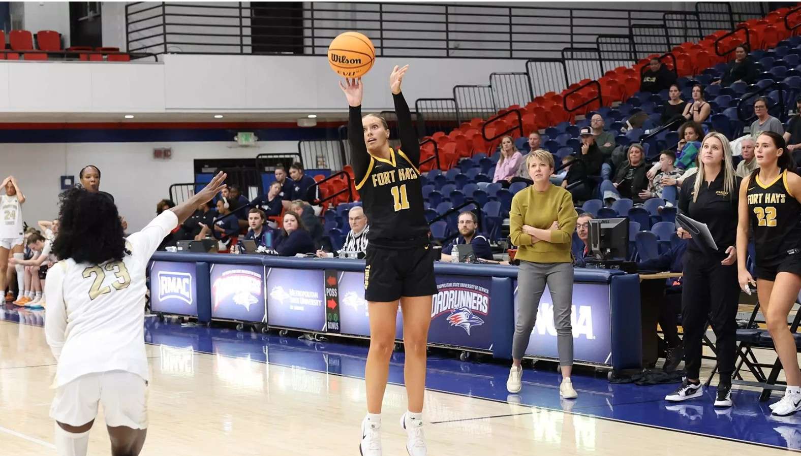 Fort Hays State guard Ellie Stearns attempts a 3-point shot in the second half of the Tigers game with UC-Colorado Springs on Tuesday, November 25, 2025 in Denver, Colo. (FHSU Athletics photo/Edward Jacobs Jr.)