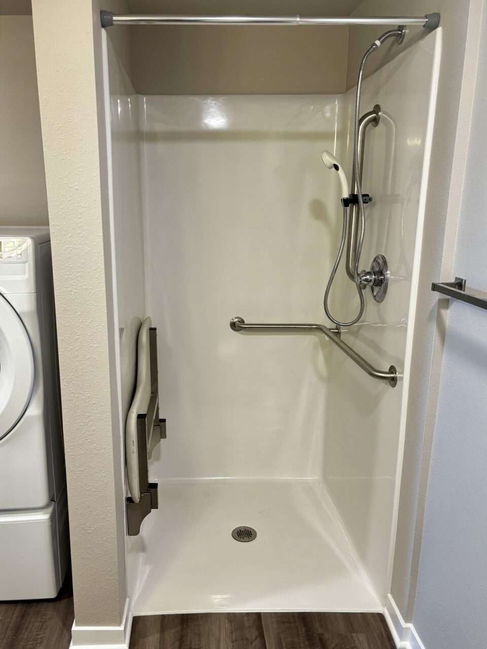 The shower of an ADA-compliant unit at Flintwood Senior Housing in Russell. Photo by Tony Guerrero/Hays Post