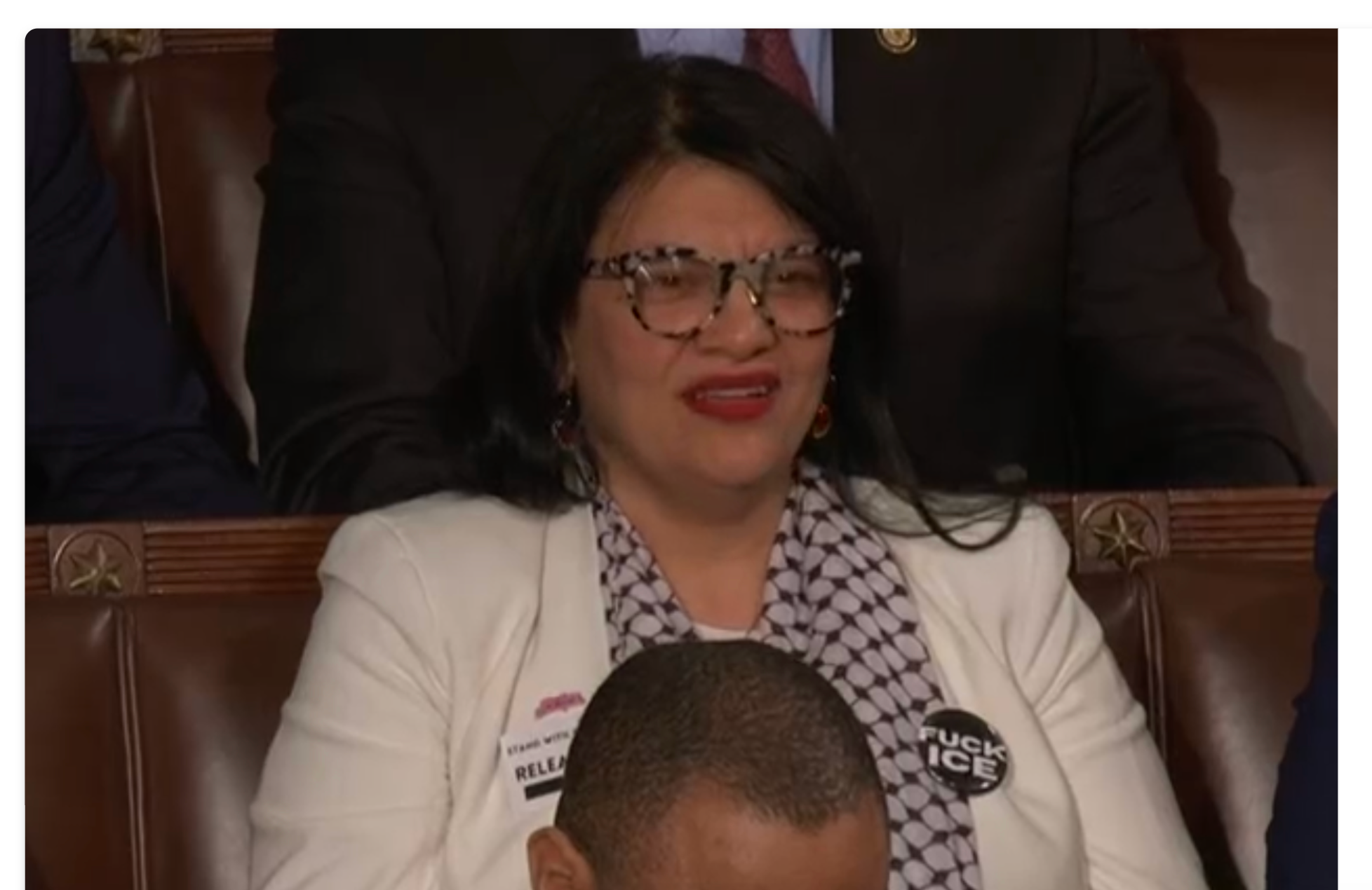 Congresswoman Rashida Tlaib of Michigan wearing a button critical of ICE-image from CSPAN video