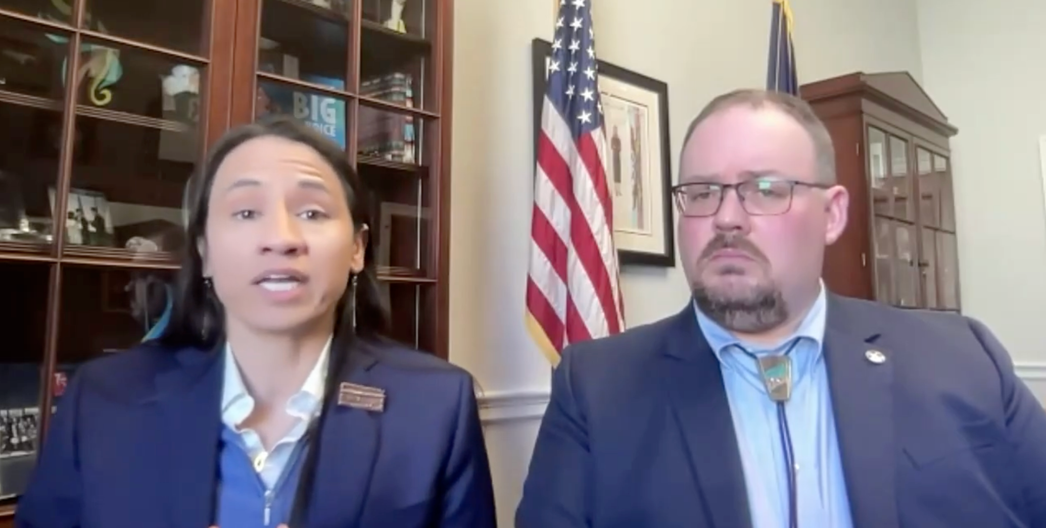  U.S. Rep. Sharice Davids, a Kansas Democrat, and Nick Levendofsky, executive director of the Kansas Farmers Union, are set to attend President Donald Trump’s 2026 State of the Union address. They appear on a video call with reporters on Feb. 24, 2026, from Washington, D.C. (Kansas Reflector screen capture of U.S. Rep. Sharice Davids video call)