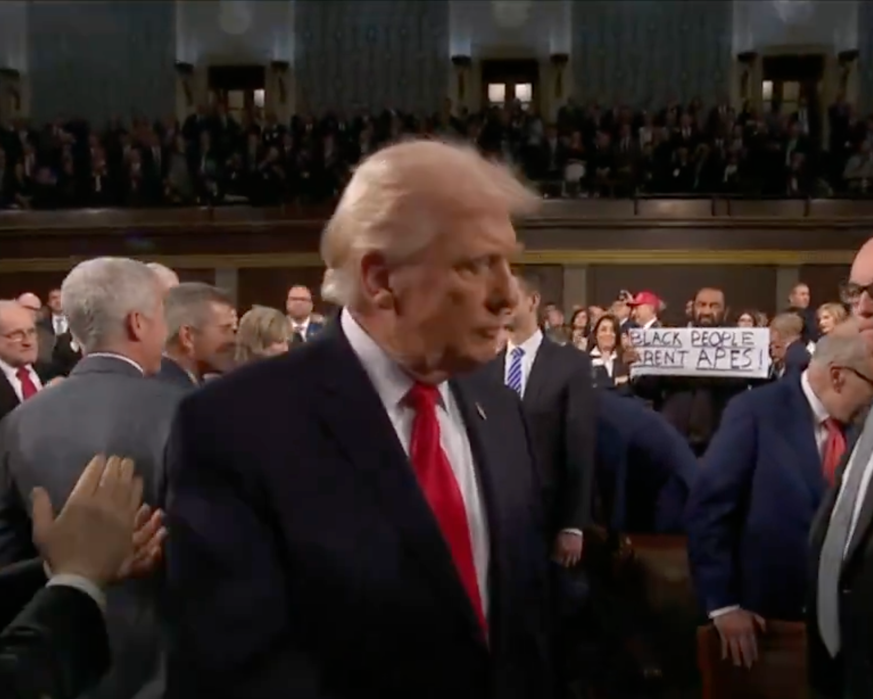 In the background, Rep. Al Green holds up a sign that reads: "Black People Aren't Apes"-image courtesy CSPAN