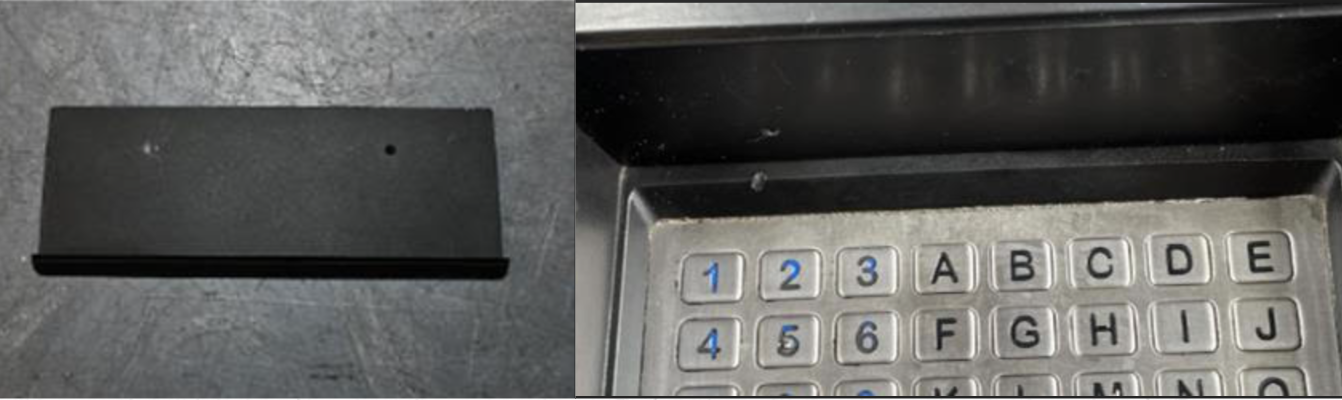 The left picture is of the electronics board that goes above the keyboard and has a camera to see any pins along with a memory card. It is only attached with double sided tape. <b>The pin hole above the number two is the camera hole</b>. According to Salina PD, a technician indicated the suspects then inserted a small item into the credit card slide that would be the magnetic strip reader. Courtesy of Salina Police Department