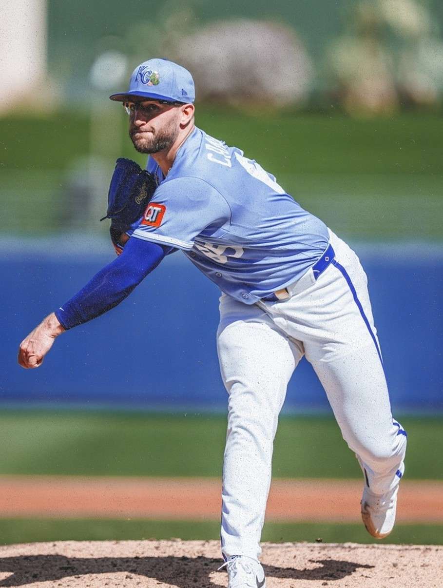 Noah Cameron made his Spring Training debut for the Kansas City Royals pitching a solid two innings, giving up one hit and walking one, while striking out two batters/ Photo courtesy of the Royals on X