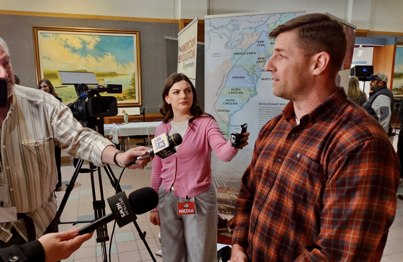 Bradley Patty, a Republican from Fayette, speaks to reporters after filing Tuesday, in the 5th Congressional District. he district is at the center of a fight over a gerrymandered map intended to flip the district to Republicans (Rudi Keller/Missouri Independent).