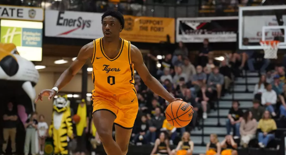 Fort Hays State's Dan Makuna (0) brings the ball up the floor in the first half of an MIAA basketball game against Nebraska-Kearney on Thursday, February 26, 2026 in Hays, Kan. (FHSU Athletics photo/Gillian Lymch)