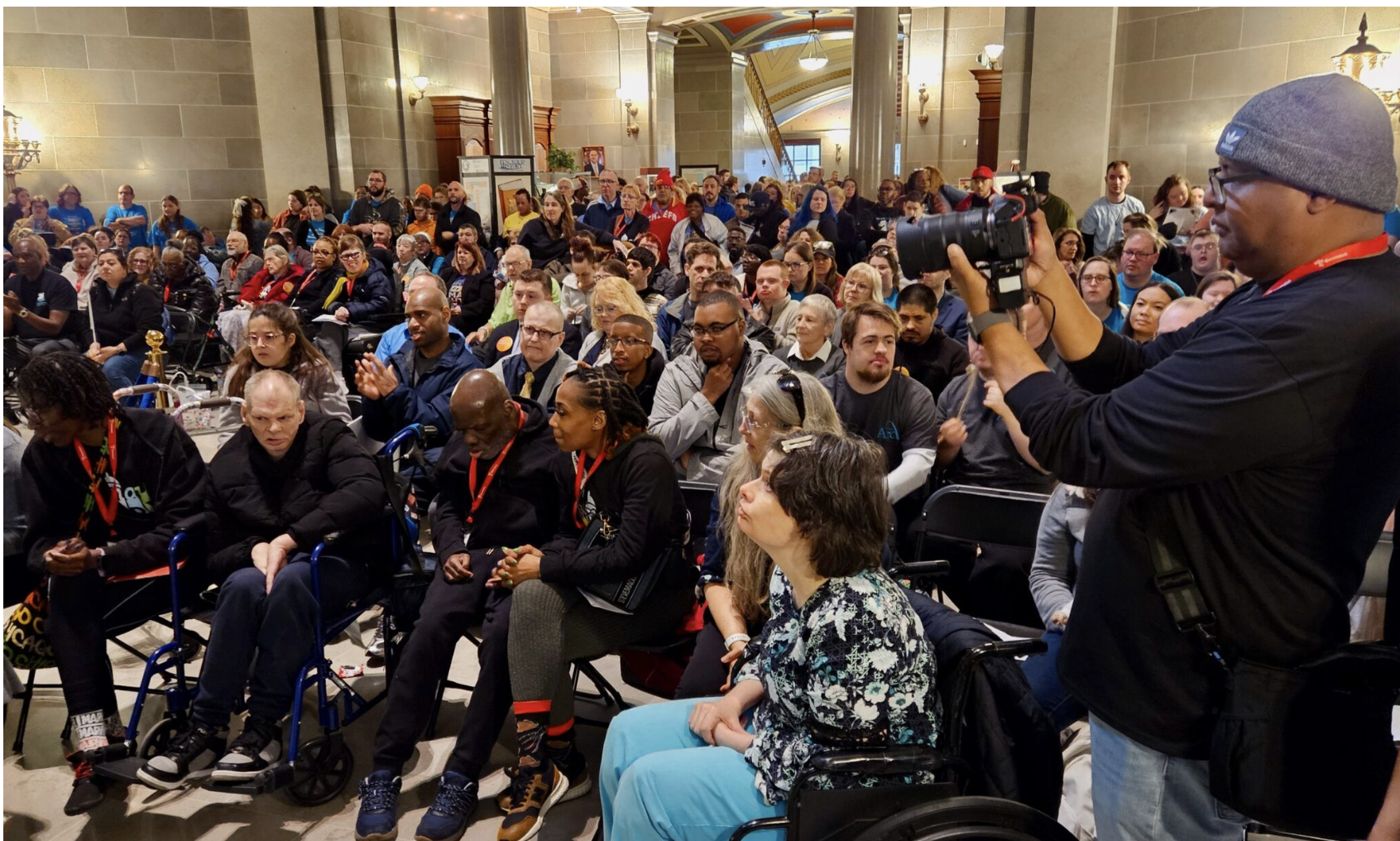 A hopeful mood pervaded the Wednesday rally for the 25th annual Disability Rights Legislative Day, with a focus on the power of personal stories to sway policy and defeat proposed cuts to services (Rudi Keller/Missouri Independent).