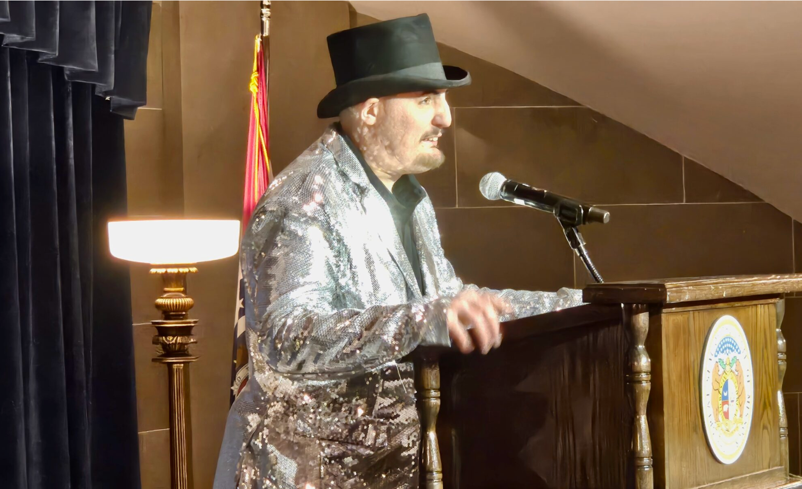 Brent Deputy Jr., a volunteer with ARC of the Ozarks, addresses the crowd Wednesday at the 25th annual Disability Rights Legislative Day (Rudi Keller/Missouri Independent).