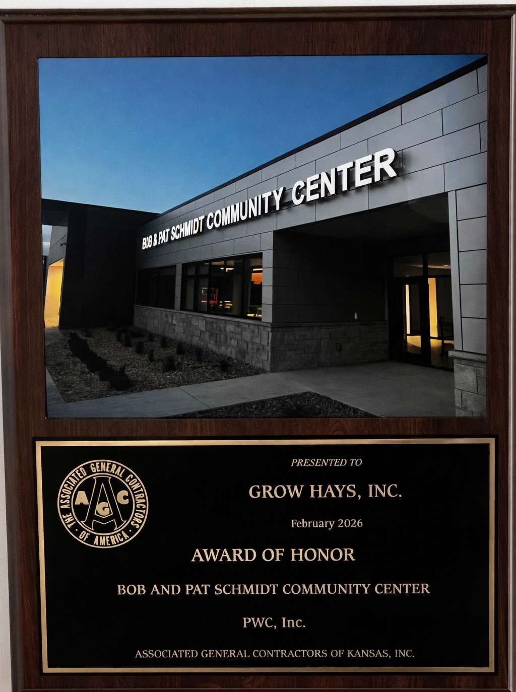 PWC of Hays was honored&nbsp;by the Association of General Contractors at its recent awards banquet for its work on the Bob and Pat Schmidt Community Center. Courtesy photo
