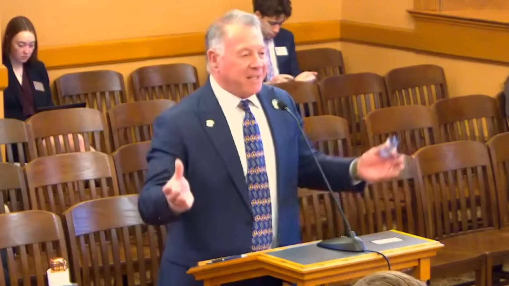 Sen. Brad Starnes, a Riley Republican, was the sole testifier in favor of his bill to require drivers to use their turn signals in roundabouts before the Senate Transportation Committee on Feb. 25, 2026. (Kansas Reflector screen capture)