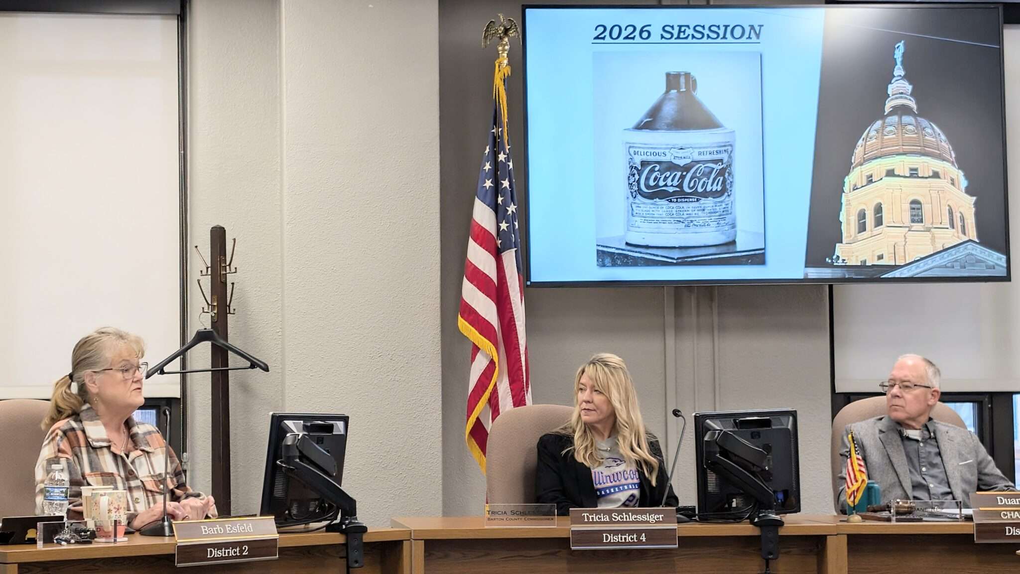 From left, Barb Esfeld, Barton County commissioner and former county appraiser, discusses her concerns about the proposed state property valuation caps with fellow commissioner Tricia Schlessiger, center, and Duane Reif during a Feb. 3, 2026, meeting. Dale Hogg/Kansas Reflector