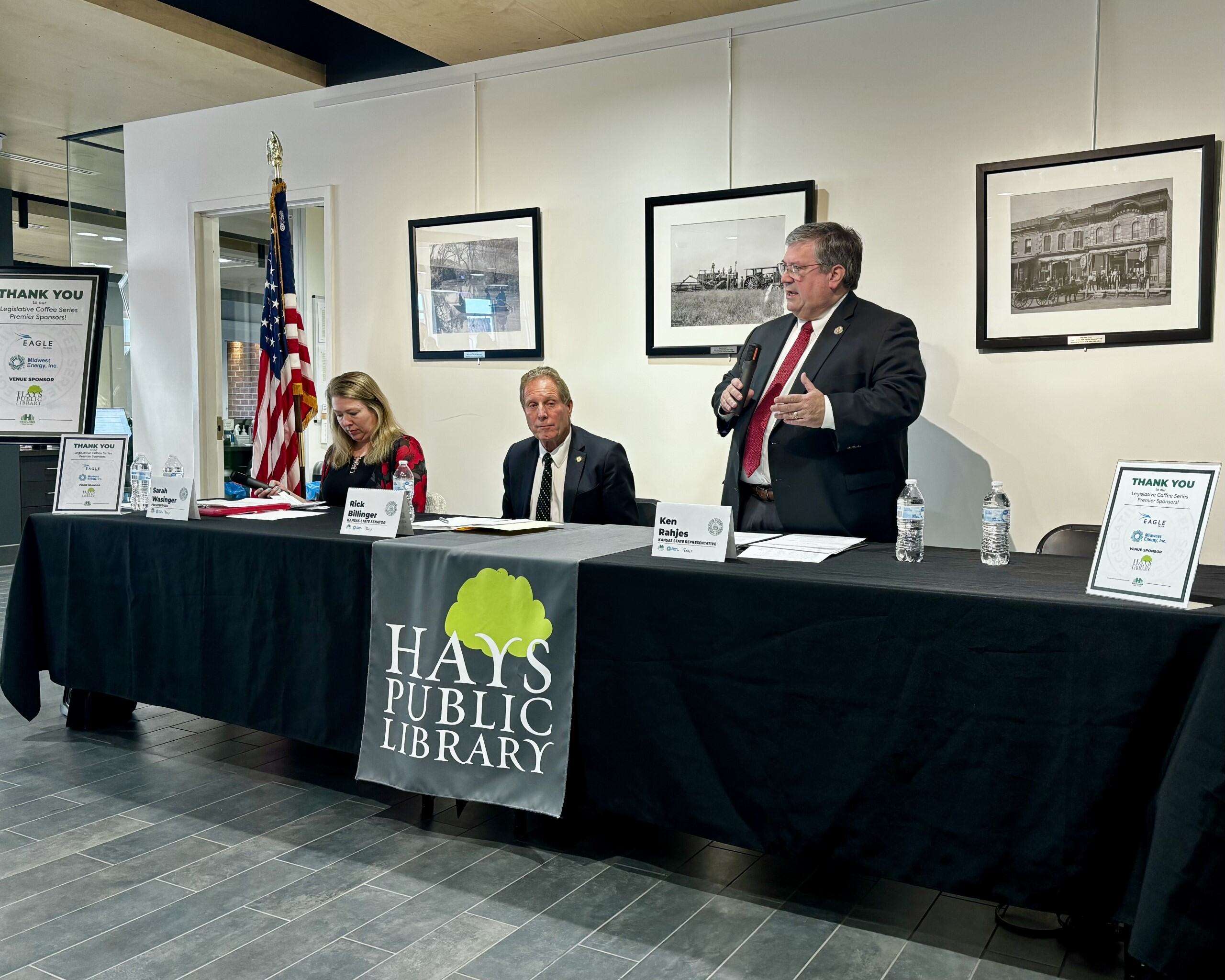 Sen. Rick Billinger, R-Goodland and Rep. Ken Rahjes, R-Agra, at the Legislative Coffee Saturday at the Hays Public Library. Photo by Tony Guerrero/Hays Post