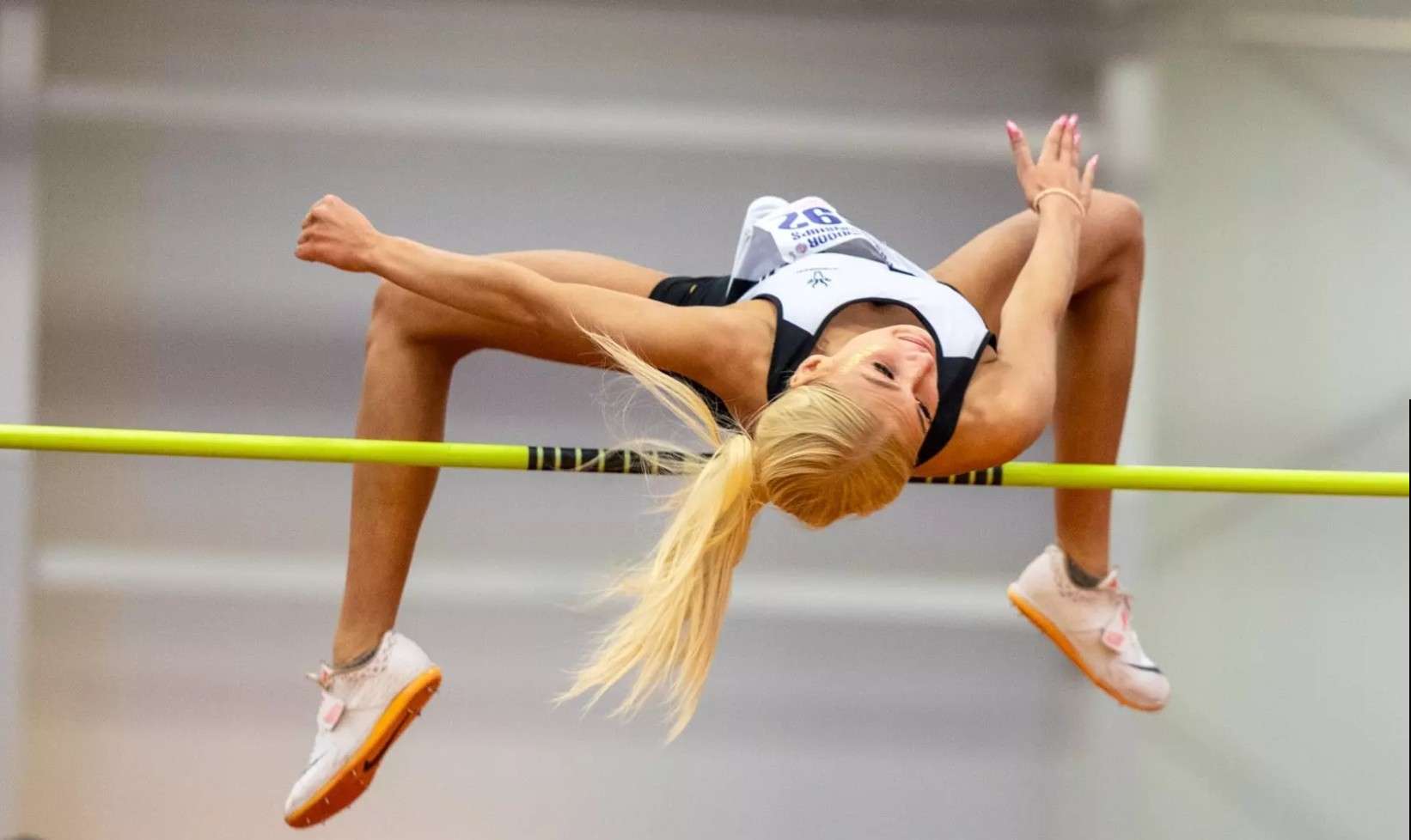 Fort Hays State's Katie Linenberger clears the bar at the MIAA Championships on Saturday, February 28, 2026 in Pittsburg, Kan, (FHSU Athletics photo/Derek LIvingston, PSU Athletics)