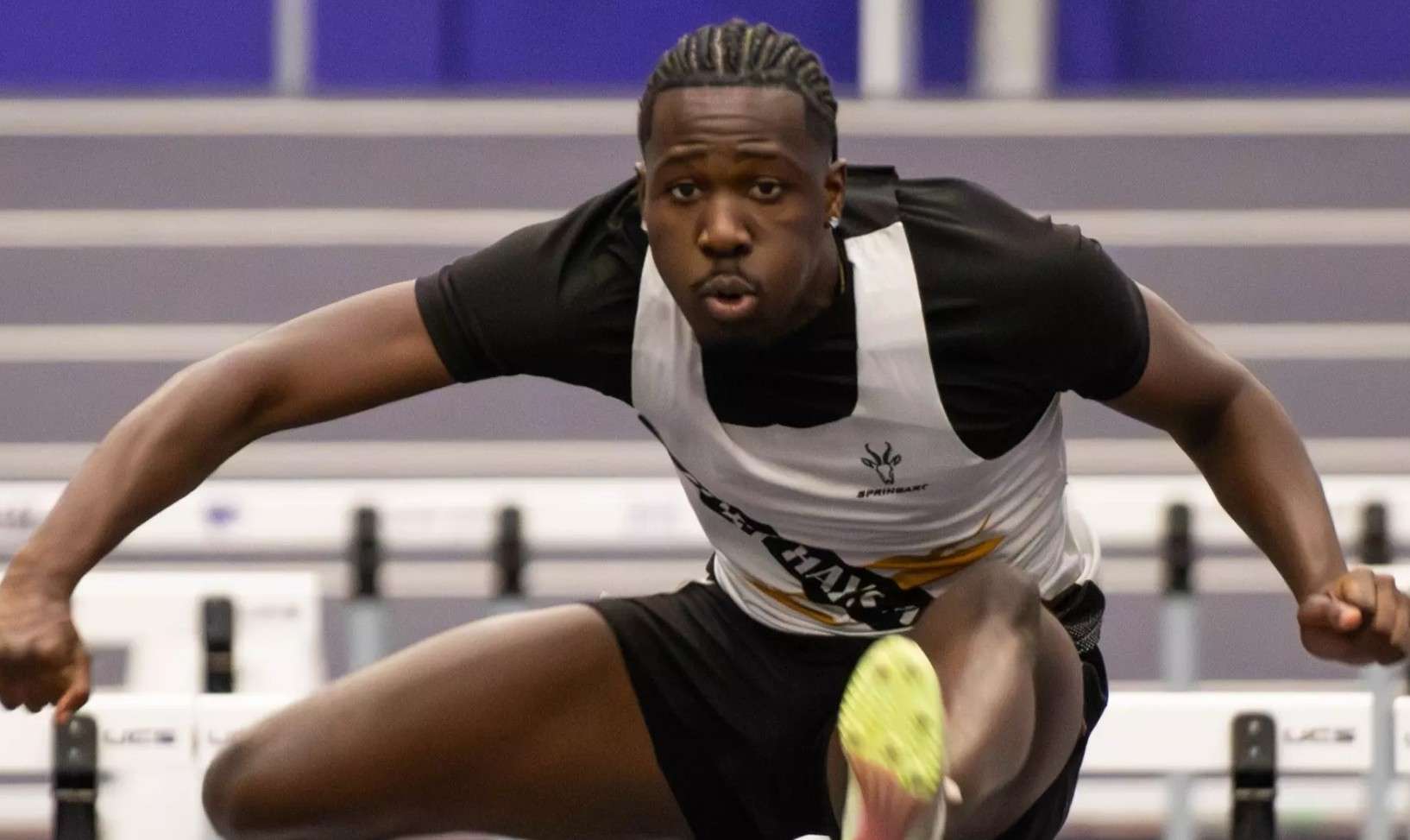Fort Hays State's Bradley Nkosi clears a hurdle during the 60m hurdles at the MIAA Championships on Saturday, February 28, 2026 in Pittsburg, Kan. (FHSU Athletics photo/Daniel LIttle)