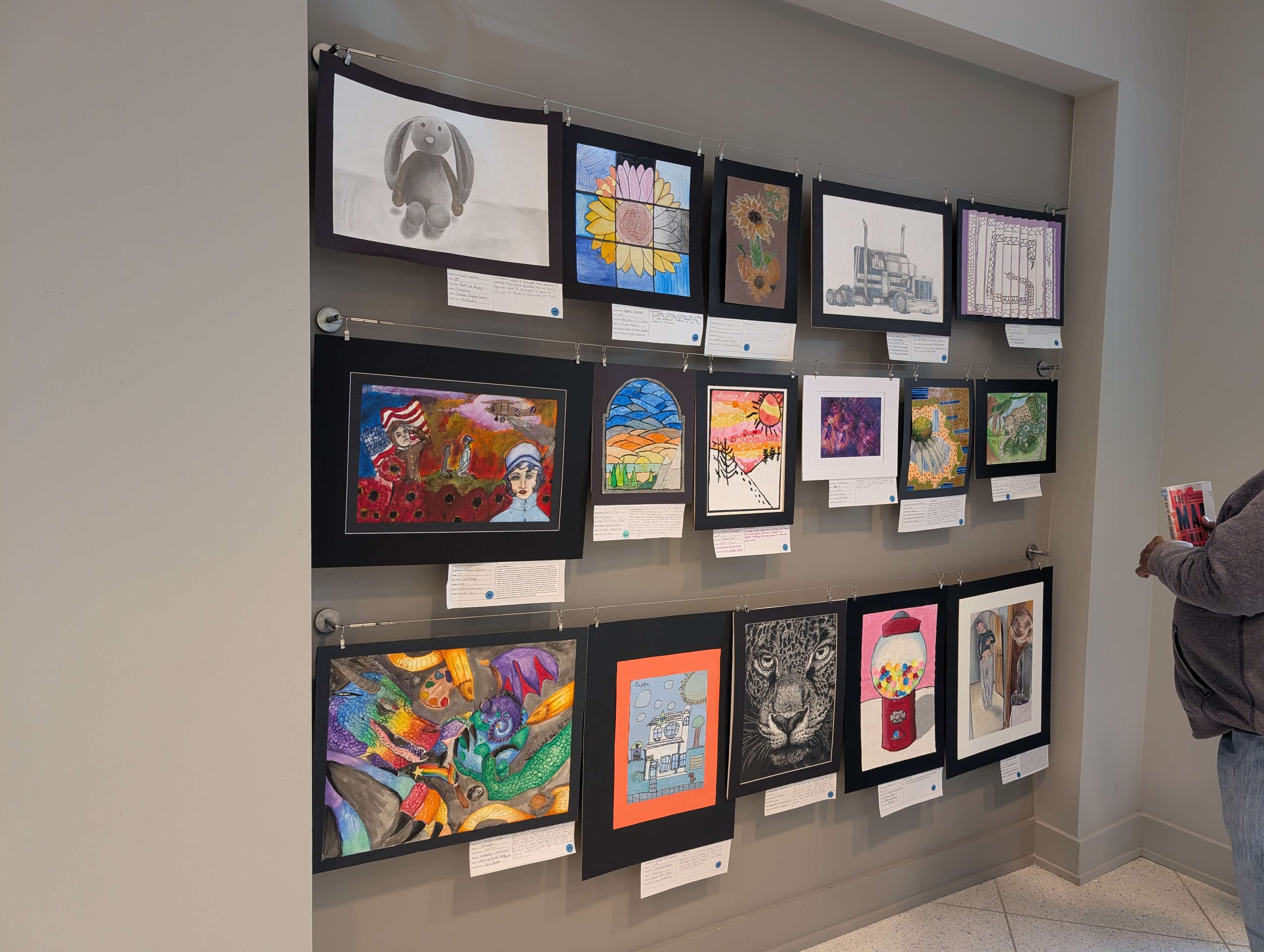 USD 428 student artwork is proudly displayed alongside pieces from students across Kansas as part of the statewide Youth Art Month exhibition at the Topeka & Shawnee County Public Library, celebrating creativity, craftsmanship, and positive citizenship from young artists throughout the state.