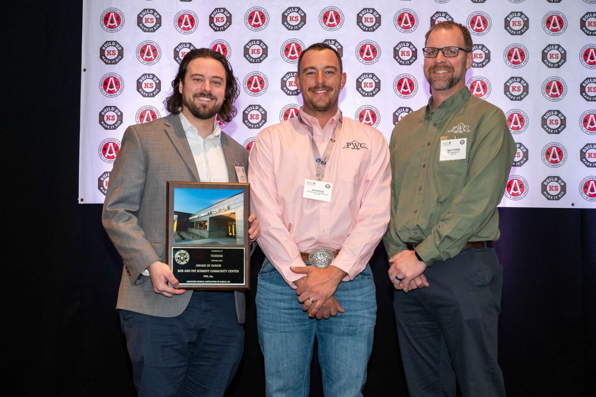 PWC of Hays was honored by the Association of General Contractors at its recent awards banquet for its work on the Bob and Pat Schmidt Community Center. Courtesy photo