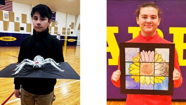 Central Kansas Christian Academy students Alejandro Carbajal and Sophia Strecker will have their work on display at the Topeka Shawnee County Public Library as part of the statewide Youth Art Month Exhibit. Left: Carbajal with his mixed-media "The Big Optimistic Spider." Right: Strecker with her mixed-media "The Sunrise of a Sunflower." The students are taught by Miraya Starnes.