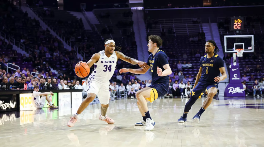 Kansas State's Nate Johnson (34) dribbles the ball in the first half of the Wildcats Big 12 game against West Virginia on Tuesday, March 3, 2026 in Manhattan, Kan. (Kansas State Athletics photo)