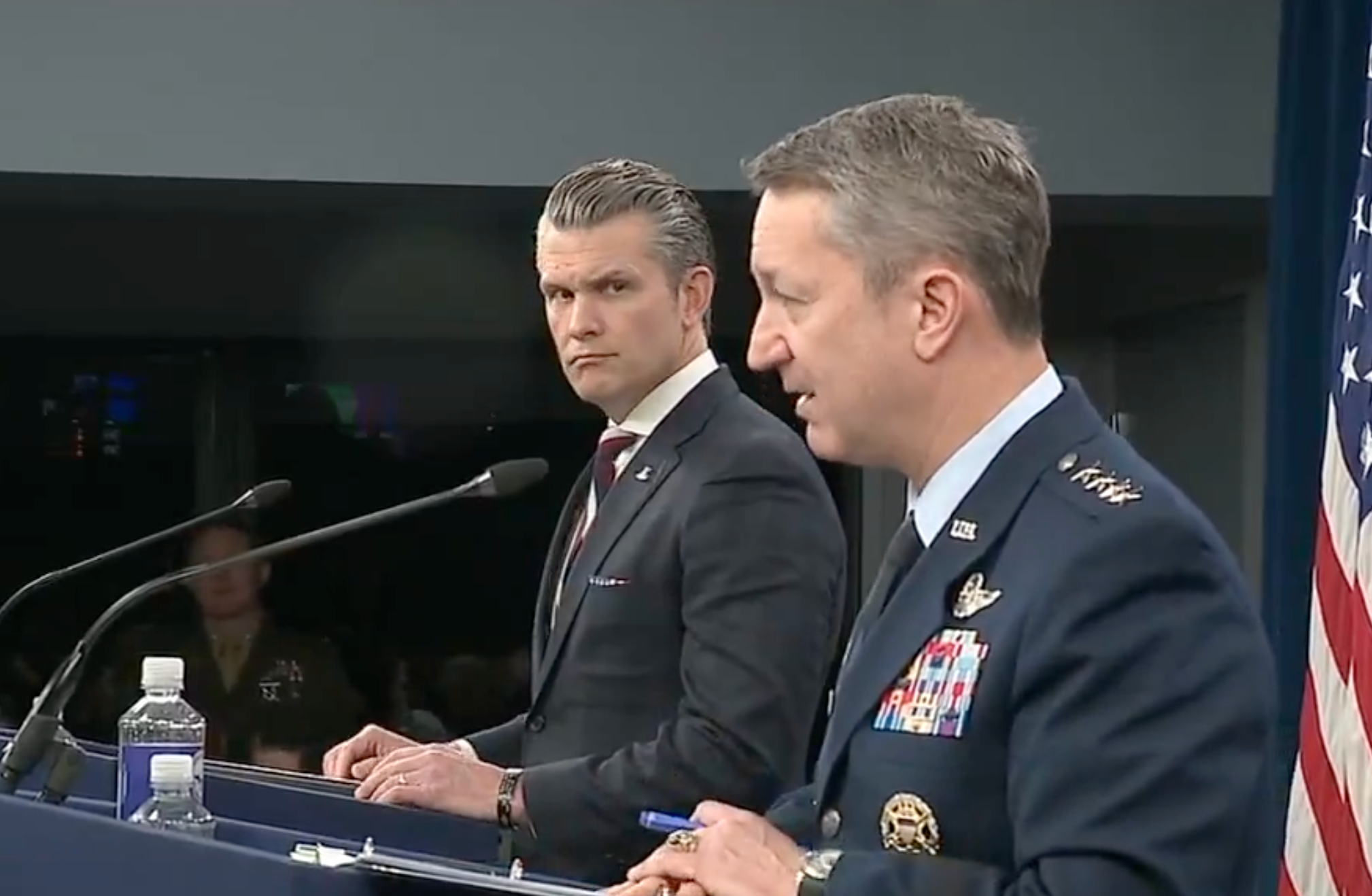 Secretary of War and Joint Chiefs of Staff Chair Gen. Dan Caine during the Wednesday morning briefing-image from DOW video