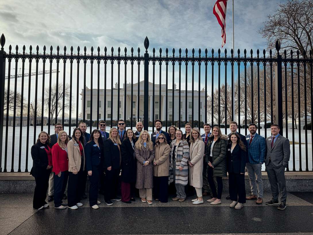 Nebraska LEAD Class 44 stands in front of the White House on February 11, 2026, following a tour during the program’s National Study/Travel Seminar. The visit provided Fellows a firsthand look at the history and operations of the executive branch while exploring the broader role of leadership in public service.