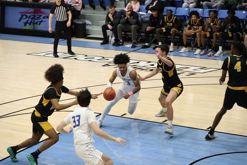 Cougar freshman Jayden Ramirez drives during a game against Fort Hays Tech NW during a game earlier this month. (photo by Barton Sports)