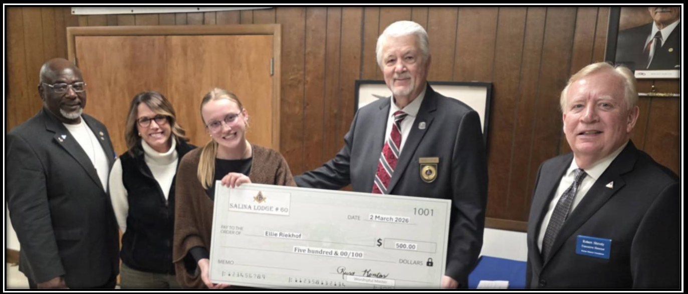 <b>From left to right:</b> Lincoln Wilson, KMF President; Dr. Alison Riekhof; Ellie Riekhof; Russ Kontas,  Master of Salina Lodge #60; and Bob Shively, Executive Director of KMF. Courtesy photo