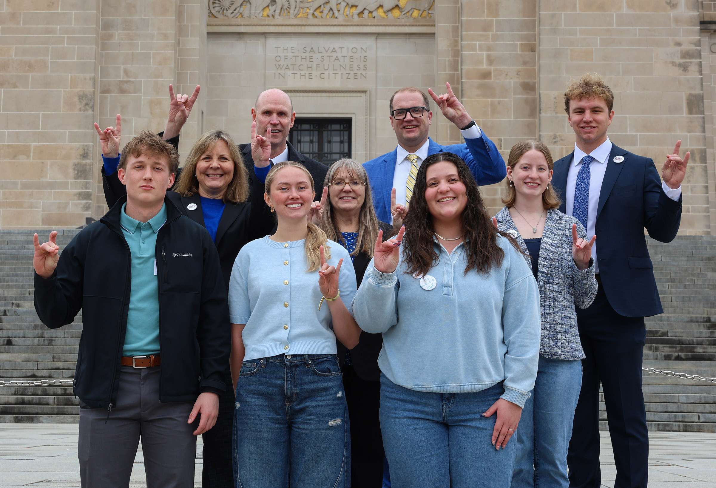 UNK representatives pose for a photo outside the State Capitol during Wednesday’s “I Love NU” Day celebration in Lincoln. (Photo by Erika Pritchard, UNK Communications)